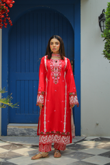 Shadmani Luxury Lawn Suit – Crimson Red 3-Piece with Organza Dupatta