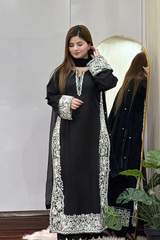 Zaib Semi-Formal Lawn – Black 3-Piece Embroidered Suit with Bamber Chiffon Dupatta