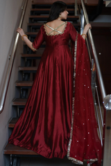 Dil Ruba – Deep Maroon Hand Embellished Tissue Silk Kalidar Pishwas with Organza Dupatta