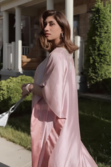 Mina – Blush Pink Pure Silk Kaftan & Trouser with Silver Hand Work Patch