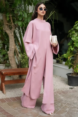 Miran – Tea Pink Twill-Crepe 3-Piece Set with Flared Pants & Versatile Scarf
