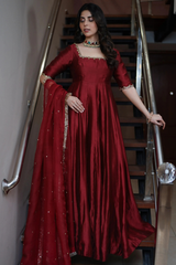 Dil Ruba – Deep Maroon Hand Embellished Tissue Silk Kalidar Pishwas with Organza Dupatta