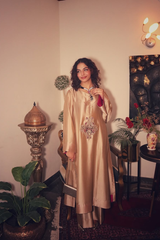Sheesha Champagne Gold Kurta Set – A-Line Silk-Look Kurta with Wide-Leg Trousers