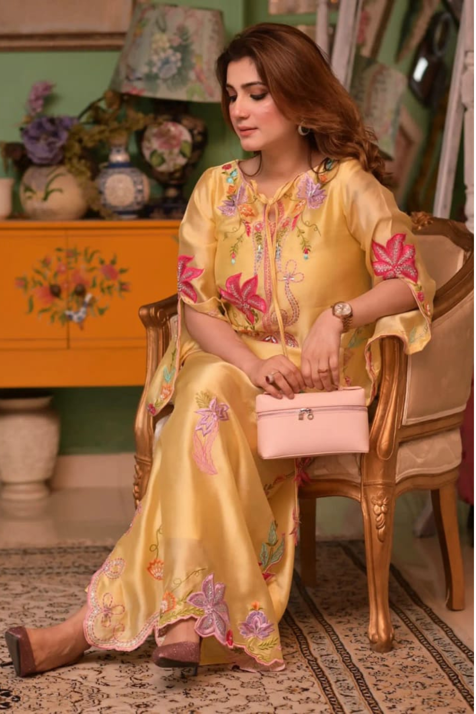 Solea Silk Kaftan Set – Yellow Embroidered Sheesha Silk with Slip