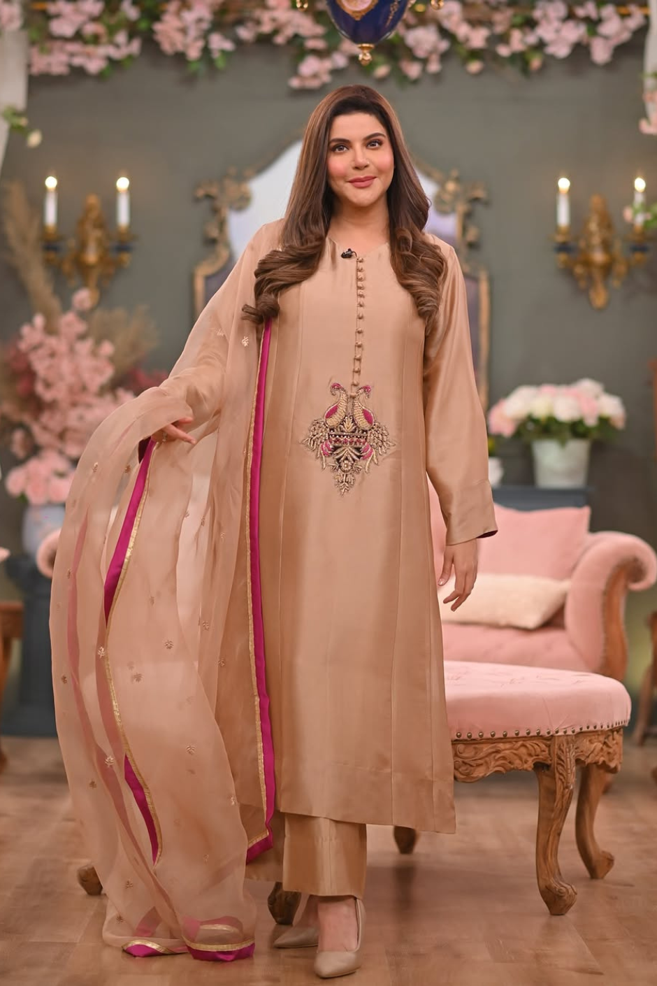 Sheesha Champagne Gold Kurta Set – A-Line Silk-Look Kurta with Wide-Leg Trousers