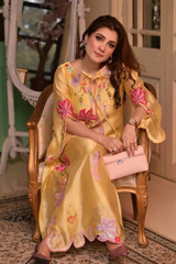 Solea Silk Kaftan Set – Yellow Embroidered Sheesha Silk with Slip
