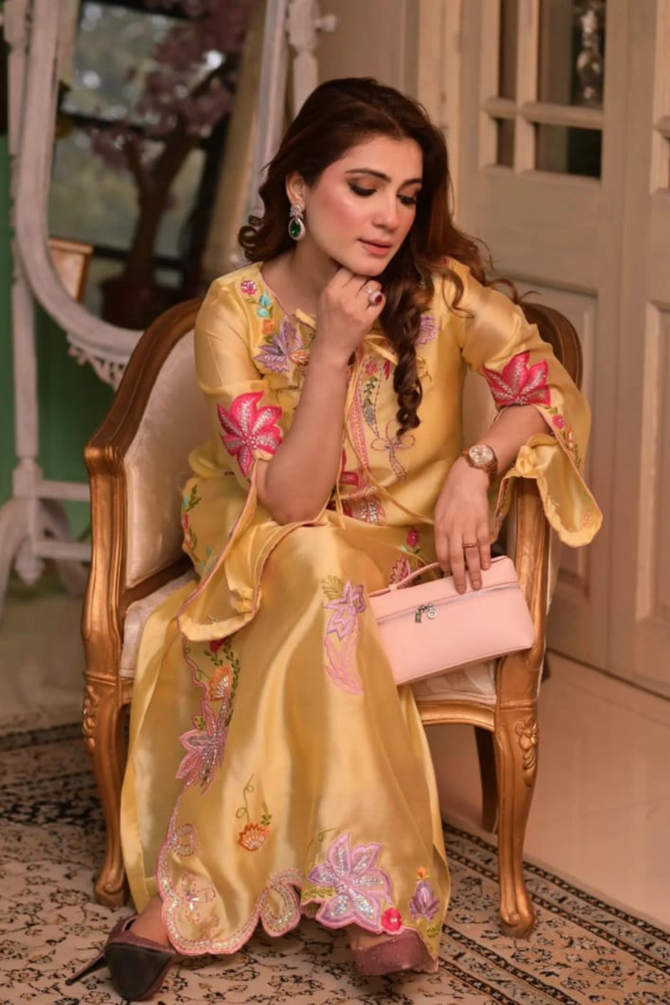 Solea Silk Kaftan Set – Yellow Embroidered Sheesha Silk with Slip