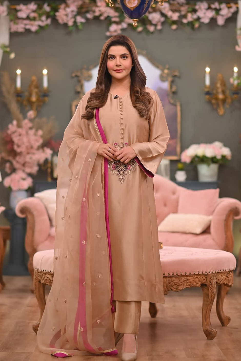 Sheesha Champagne Gold Kurta Set – A-Line Silk-Look Kurta with Wide-Leg Trousers