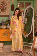 Solea Silk Kaftan Set – Yellow Embroidered Sheesha Silk with Slip