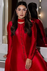 Candy – Red Crystal Tassel Shalmoz Silk 3-Piece Set with Slim Dupatta & Wide-Leg Pants