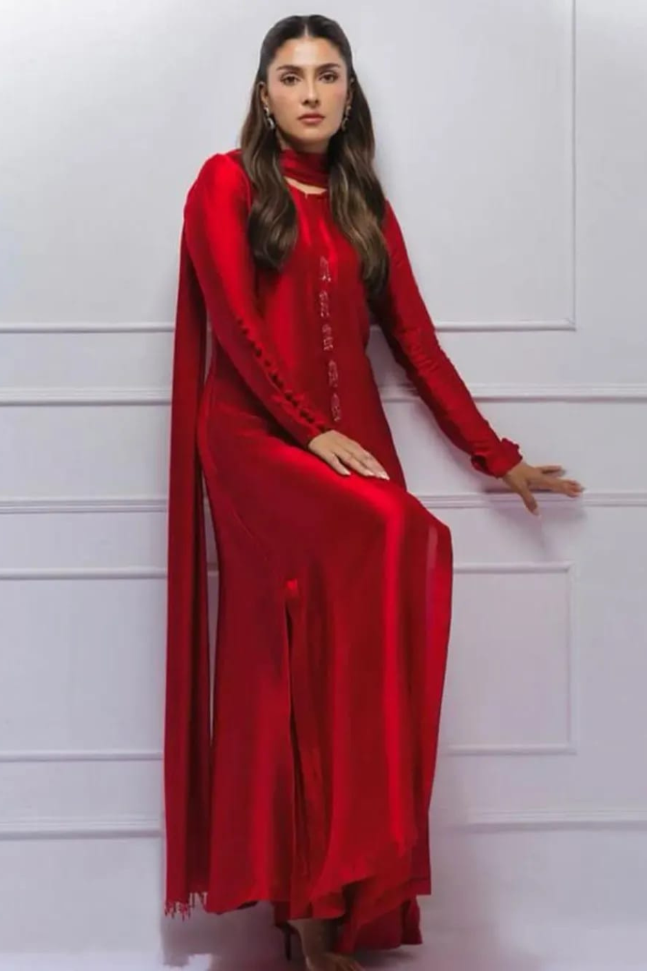 Candy – Red Crystal Tassel Shalmoz Silk 3-Piece Set with Slim Dupatta & Wide-Leg Pants