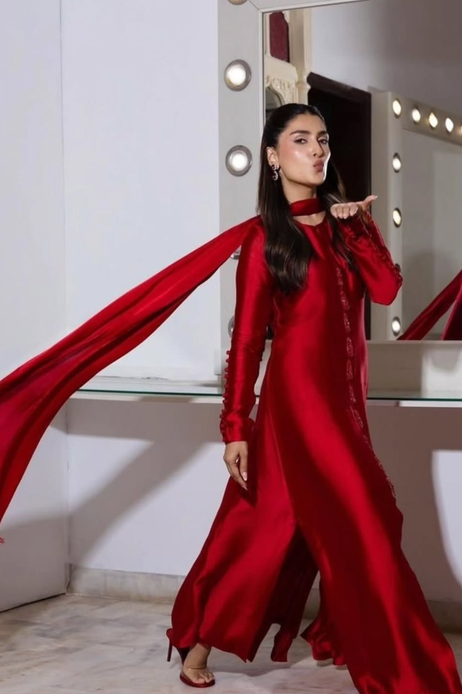 Candy – Red Crystal Tassel Shalmoz Silk 3-Piece Set with Slim Dupatta & Wide-Leg Pants