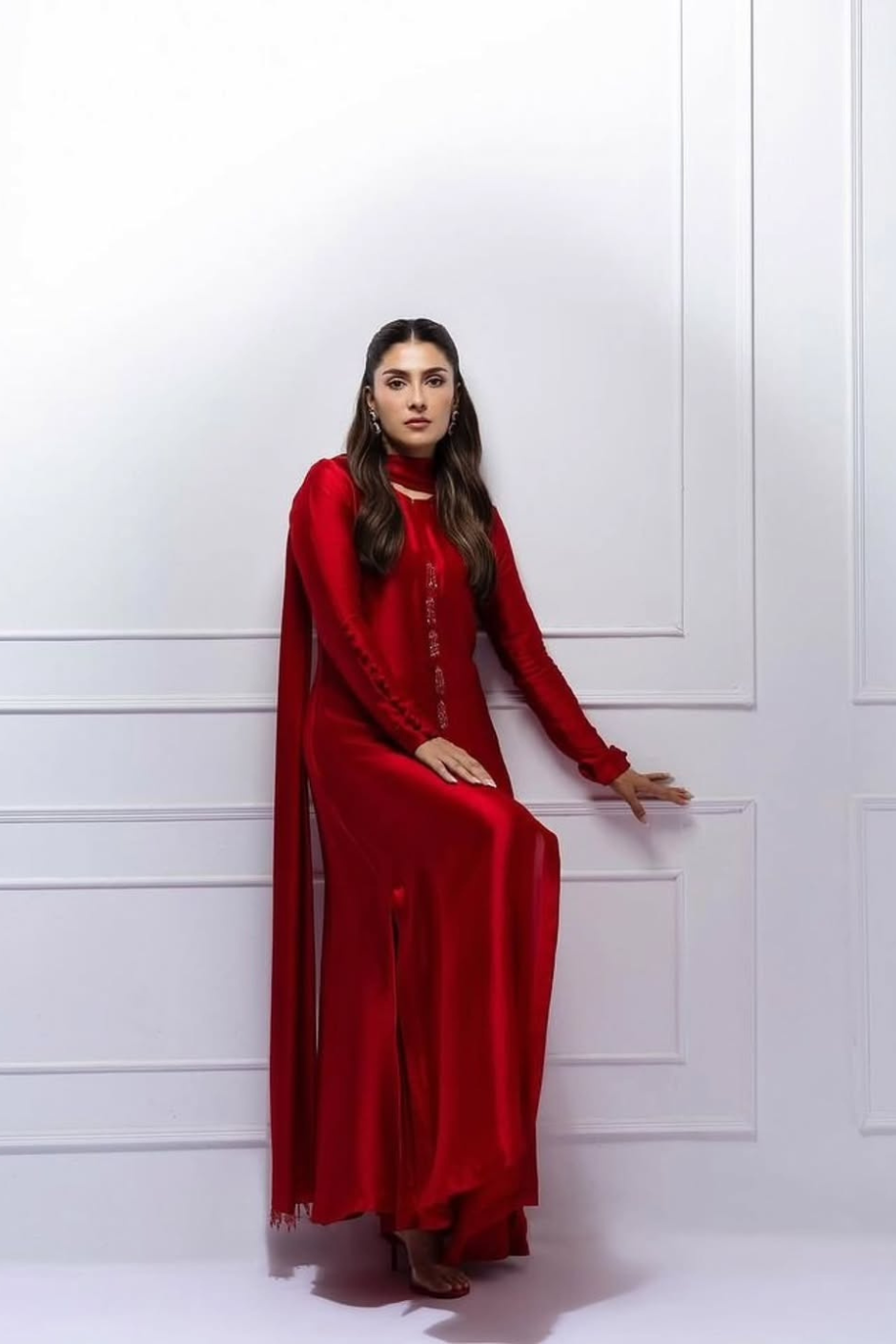 Candy – Red Crystal Tassel Shalmoz Silk 3-Piece Set with Slim Dupatta & Wide-Leg Pants