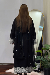 Zaib Semi-Formal Lawn – Black 3-Piece Embroidered Suit with Bamber Chiffon Dupatta