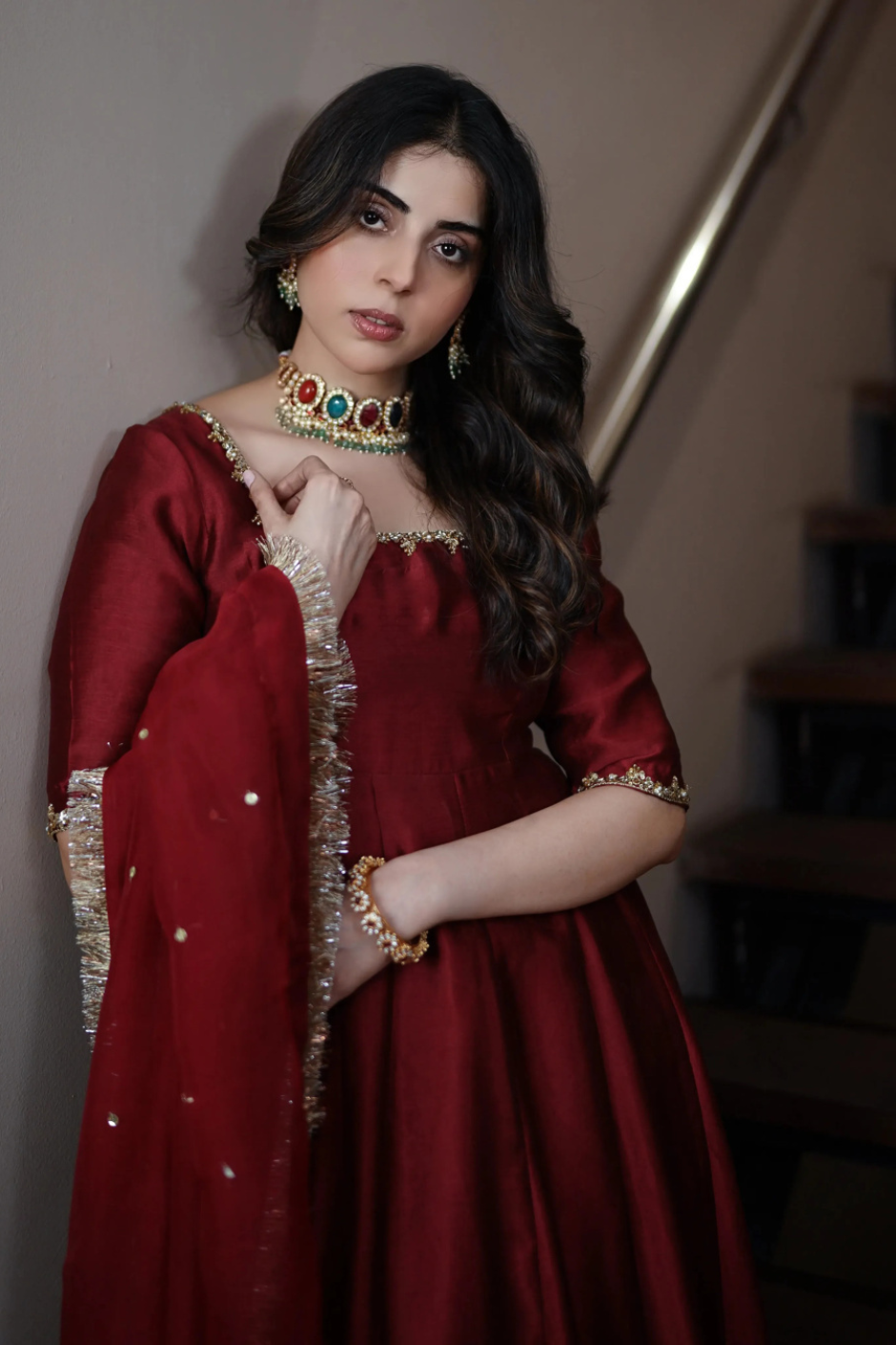 Dil Ruba – Deep Maroon Hand Embellished Tissue Silk Kalidar Pishwas with Organza Dupatta