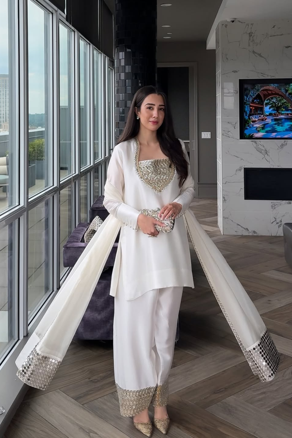 Chandni Half-White & Gold Farshi Set – 3-Piece Silk with Gold Mirror & Lace Work