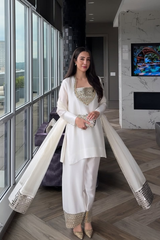 Chandni Half-White & Gold Farshi Set – 3-Piece Silk with Gold Mirror & Lace Work