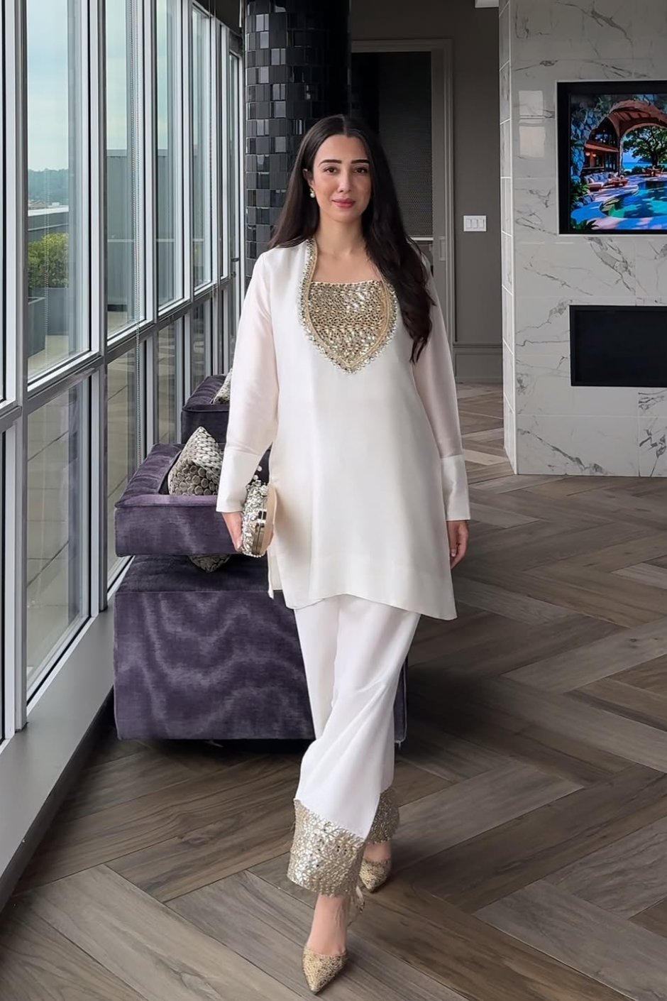 Chandni Half-White & Gold Farshi Set – 3-Piece Silk with Gold Mirror & Lace Work