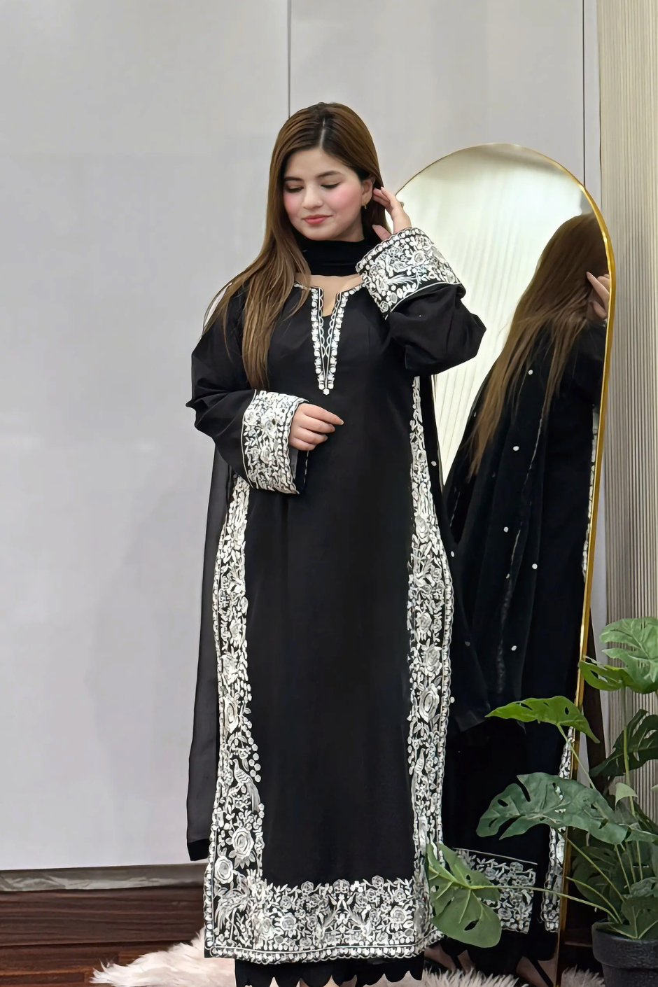 Zaib Semi-Formal Lawn – Black 3-Piece Embroidered Suit with Bamber Chiffon Dupatta