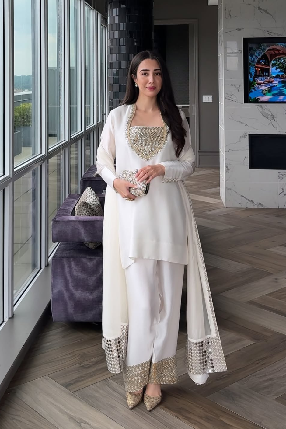 Chandni Half-White & Gold Farshi Set – 3-Piece Silk with Gold Mirror & Lace Work