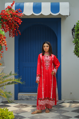Shadmani Luxury Lawn Suit – Crimson Red 3-Piece with Organza Dupatta