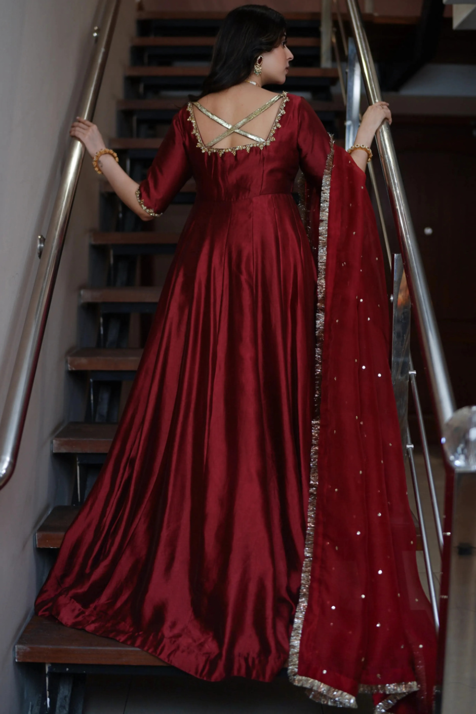 Dil Ruba – Deep Maroon Hand Embellished Tissue Silk Kalidar Pishwas with Organza Dupatta