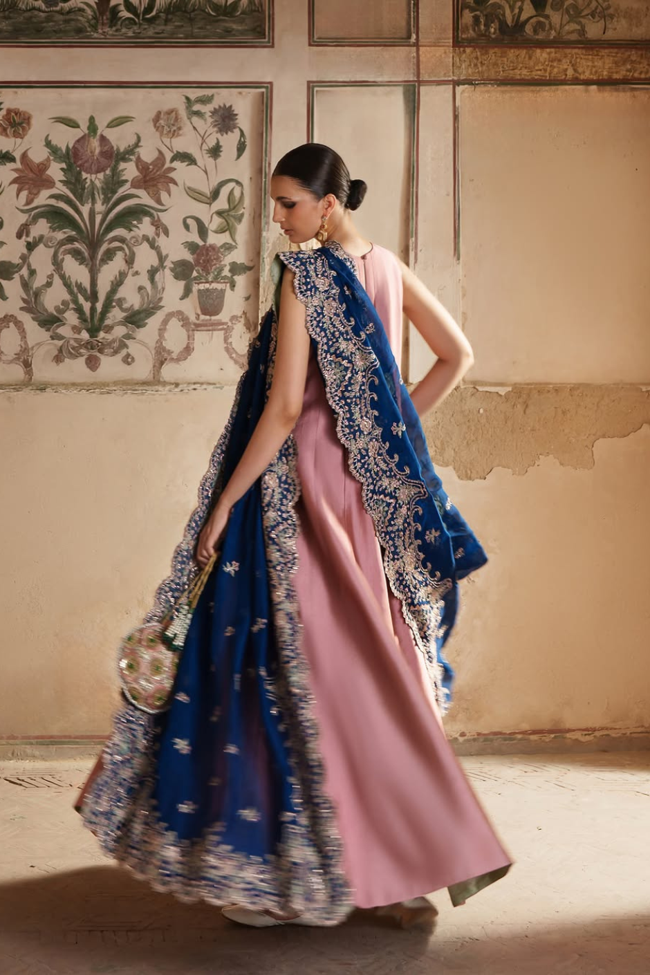 Mehwar – Pure Silk Panelled Peshwas with Organza Embroidered Navy Dupatta