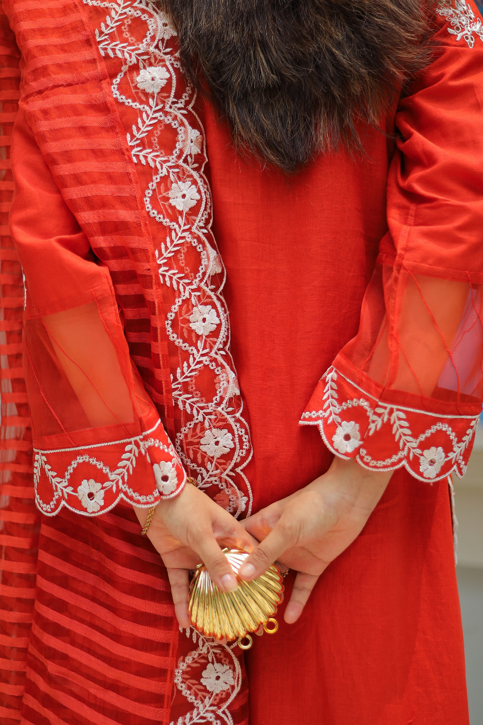 Azure Semi-Formal Lawn – Rust 3-Piece Heavily Embroidered Suit with Khaddi Net Dupatta