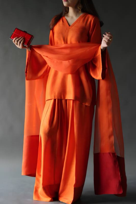 Mehr – Marigold Orange Raw Silk Farshi Shalwar Kameez with Organza Dupatta
