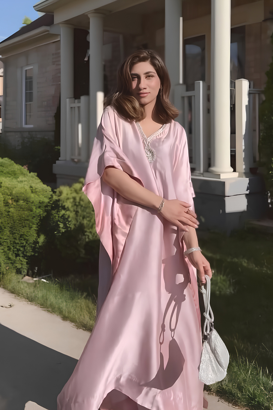 Mina – Blush Pink Pure Silk Kaftan & Trouser with Silver Hand Work Patch