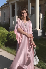 Mina – Blush Pink Pure Silk Kaftan & Trouser with Silver Hand Work Patch