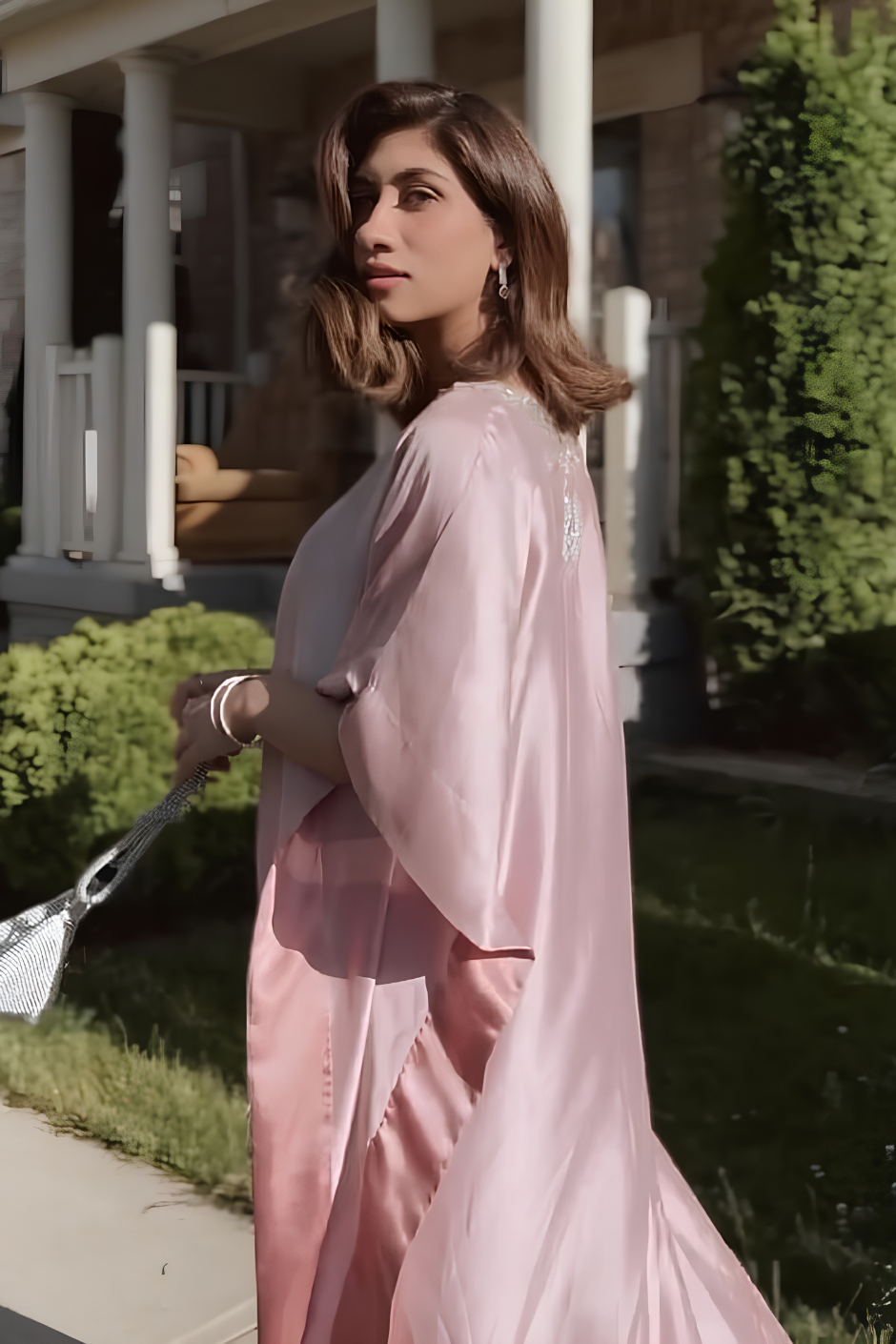 Mina – Blush Pink Pure Silk Kaftan & Trouser with Silver Hand Work Patch