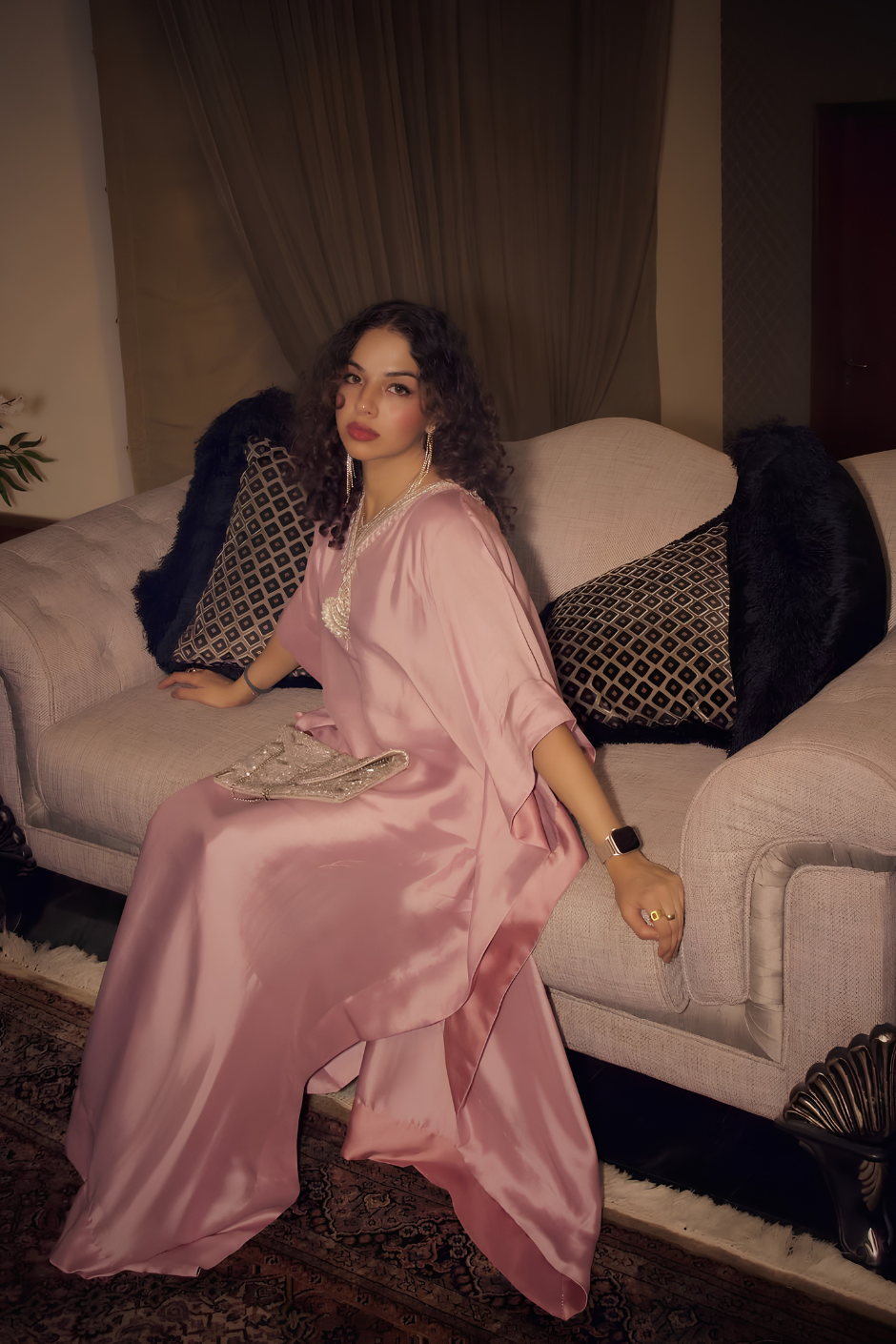 Mina – Blush Pink Pure Silk Kaftan & Trouser with Silver Hand Work Patch