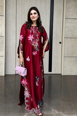 Solea Deep Red Pure Silk Kaftan – Multicolour Embroidery & Seroski Handwork