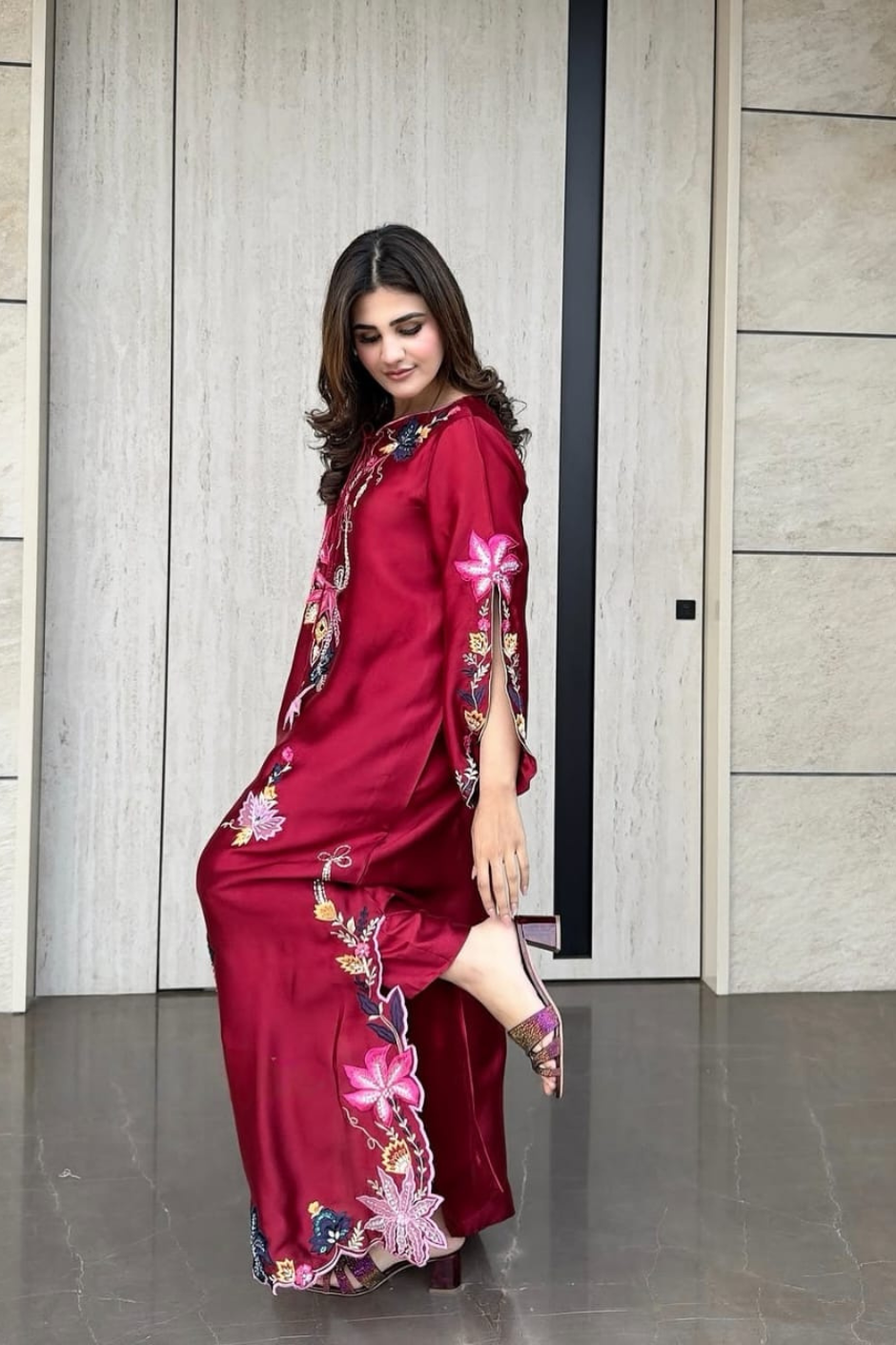 Solea Deep Red Pure Silk Kaftan – Multicolour Embroidery & Seroski Handwork