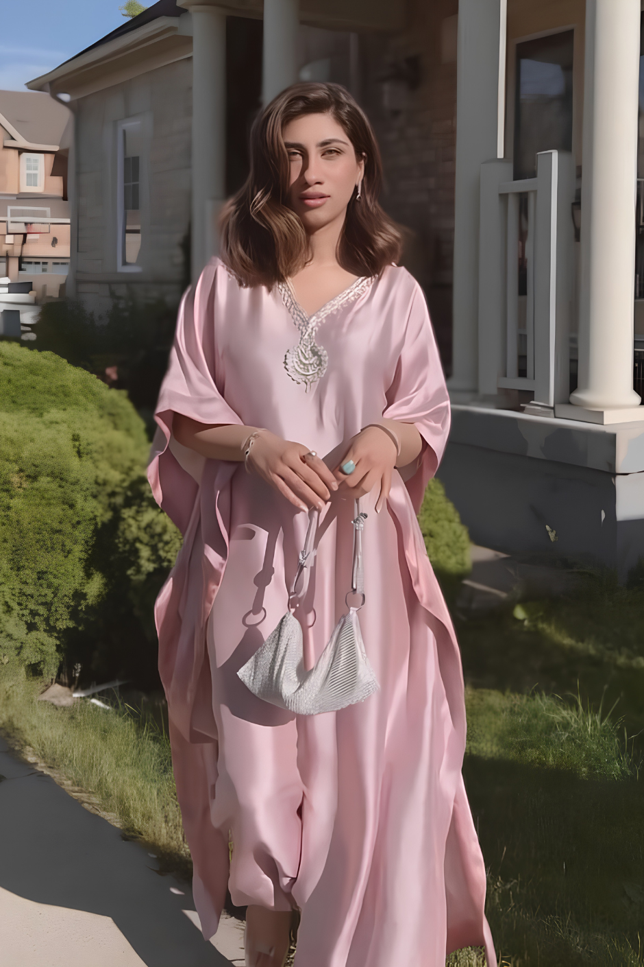 Mina – Blush Pink Pure Silk Kaftan & Trouser with Silver Hand Work Patch