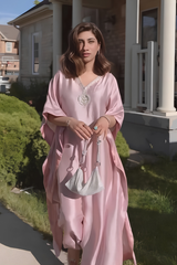 Mina – Blush Pink Pure Silk Kaftan & Trouser with Silver Hand Work Patch