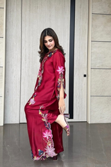 Solea Deep Red Pure Silk Kaftan – Multicolour Embroidery & Seroski Handwork