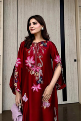 Solea Deep Red Pure Silk Kaftan – Multicolour Embroidery & Seroski Handwork
