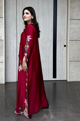 Solea Deep Red Pure Silk Kaftan – Multicolour Embroidery & Seroski Handwork