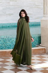 Mehru – Dark Green Rhinestone Bamber Chiffon Set with Gold Accents