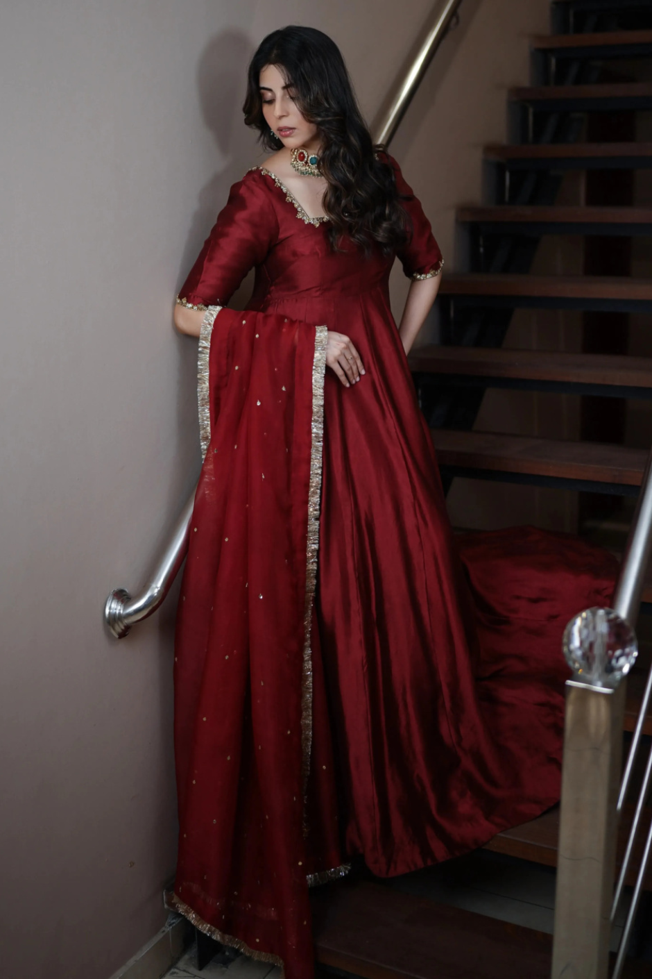 Dil Ruba – Deep Maroon Hand Embellished Tissue Silk Kalidar Pishwas with Organza Dupatta
