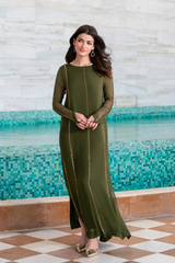Mehru – Dark Green Rhinestone Bamber Chiffon Set with Gold Accents