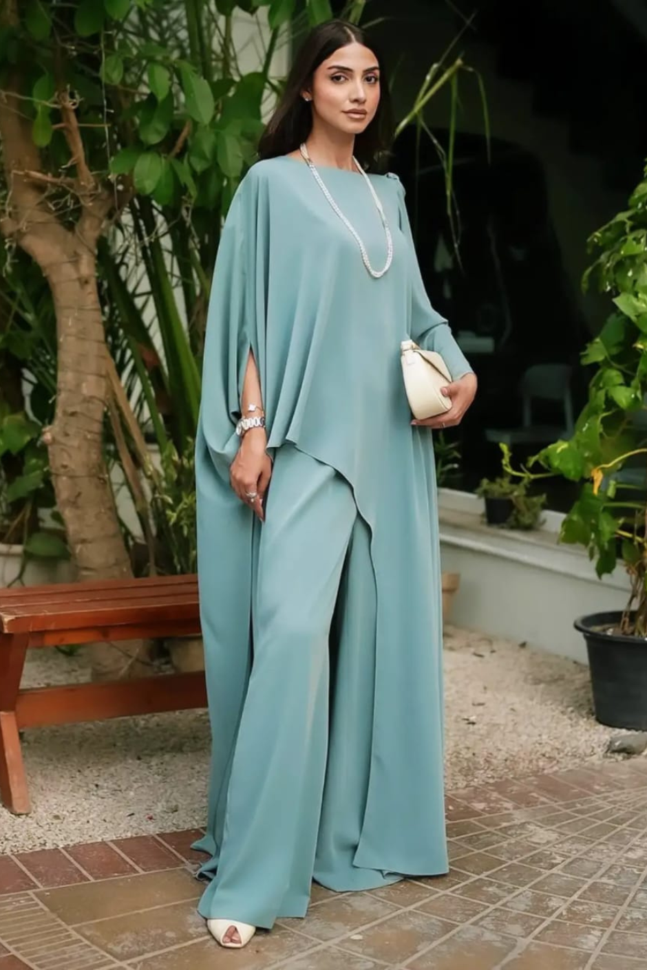 Elan – Sage Green Asymmetric Twill Crep Silk 2-Piece Co-ord Set with Flared Pants