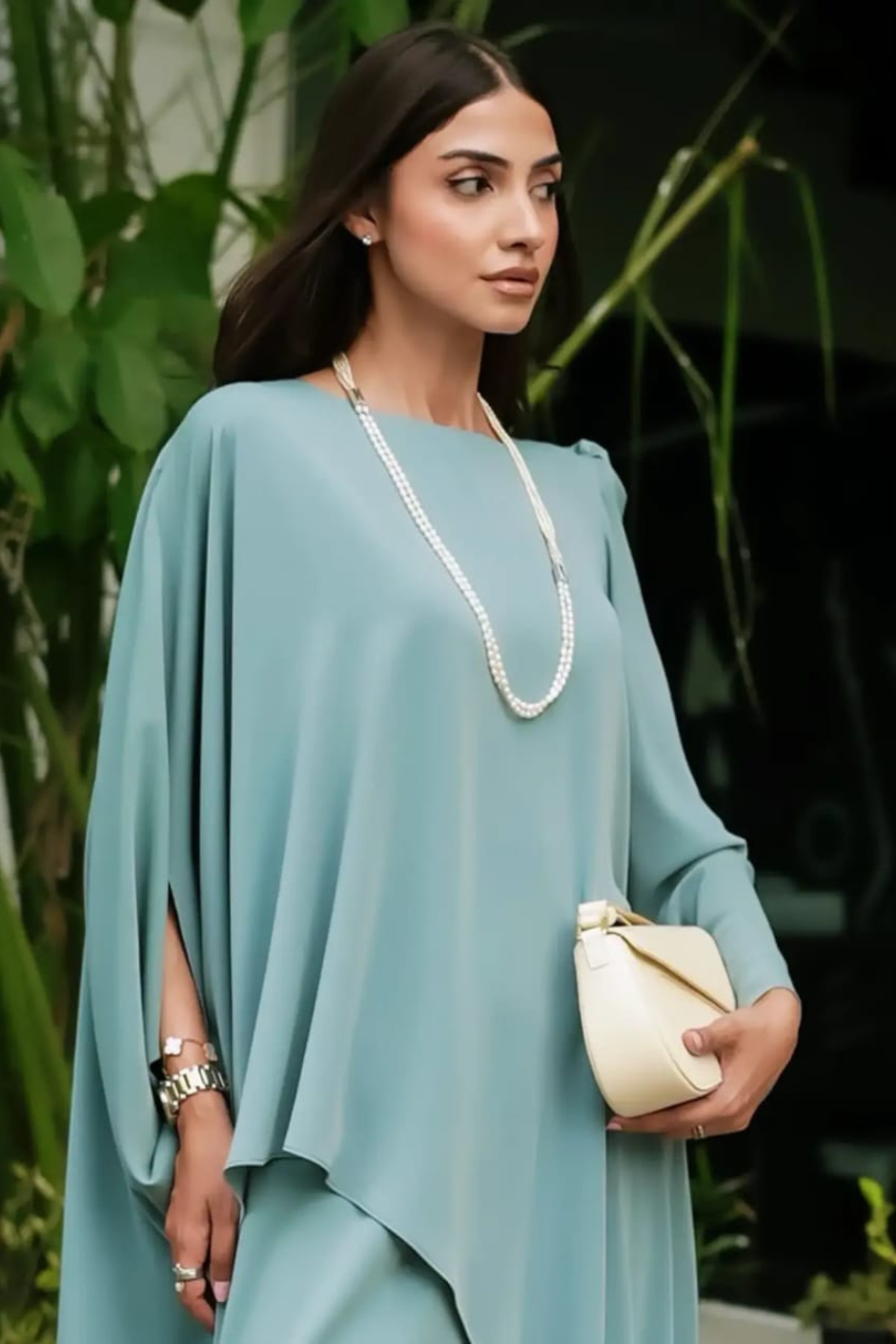 Elan – Sage Green Asymmetric Twill Crep Silk 2-Piece Co-ord Set with Flared Pants
