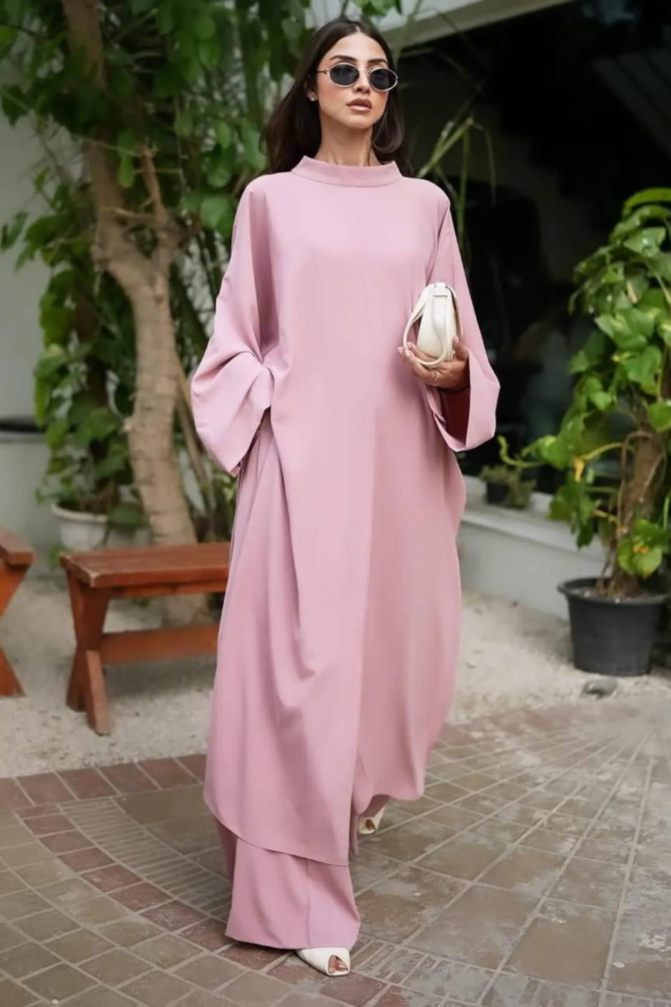 Miran – Tea Pink Twill-Crepe 3-Piece Set with Flared Pants & Versatile Scarf