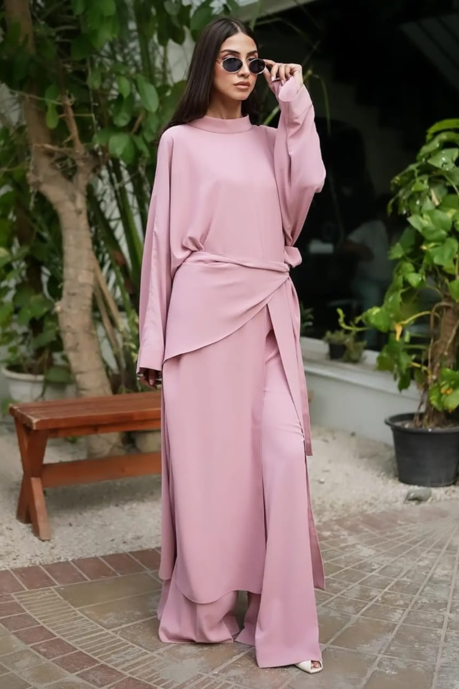 Miran – Tea Pink Twill-Crepe 3-Piece Set with Flared Pants & Versatile Scarf