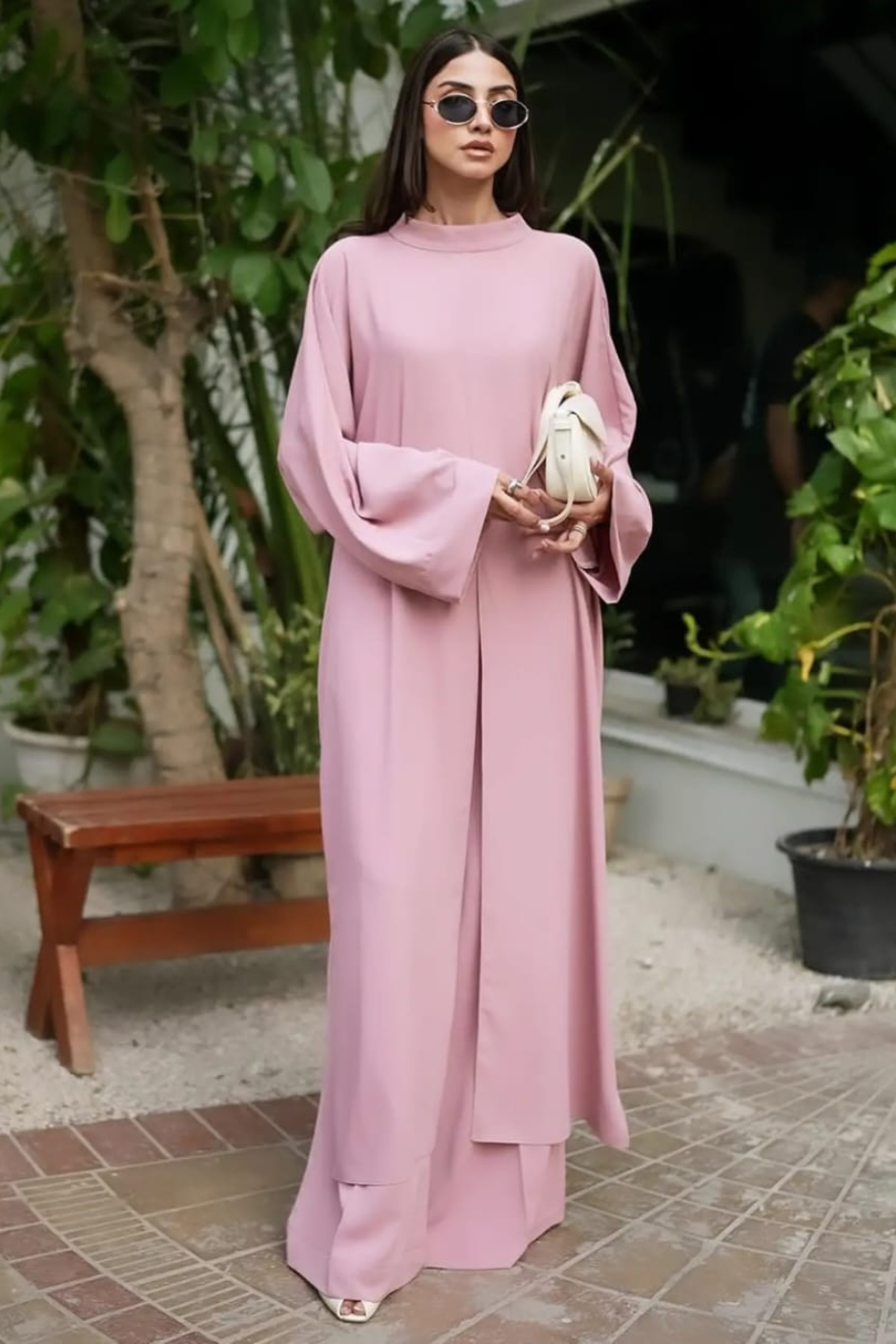 Miran – Tea Pink Twill-Crepe 3-Piece Set with Flared Pants & Versatile Scarf