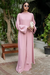 Miran – Tea Pink Twill-Crepe 3-Piece Set with Flared Pants & Versatile Scarf