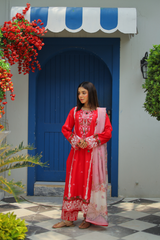 Shadmani Luxury Lawn Suit – Crimson Red 3-Piece with Organza Dupatta